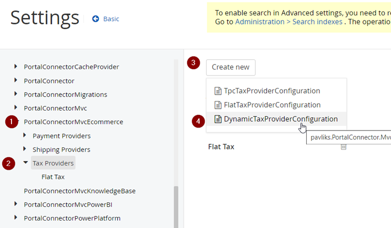 Sitefinity backend advanced settings showing numbered steps on adding a custom tax provider to PortalConnectorMvcEcommerce