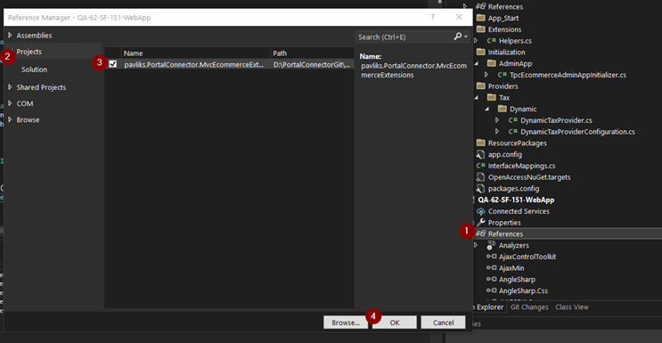 Visual Studio IDE displaying custom ecommerce project to as a reference