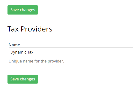 Sitefinity backend displaying the input for naming the Tax Provider along with the Save changes button