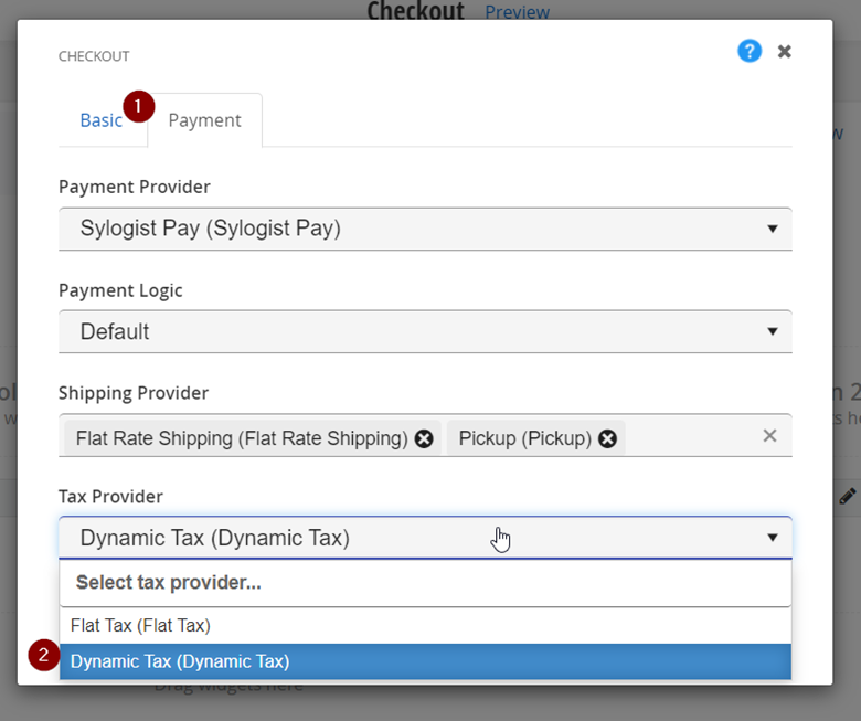 image displaying Portal Connector Checkout widget Payment tab where users can set a custom Tax Provider